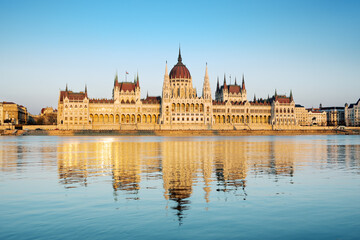 Hungarian parliament building reflecting in water, frontal view