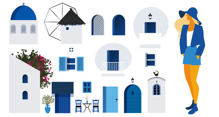 Collection of architectural items to build a typical scene of the Greek Islands and young tourist girl - obrazy, fototapety, plakaty