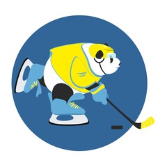 Panda playing ice hockey. Hockey Stick and Puck. Funny sports card. Hockey team logo.