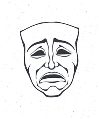 Outline of theatrical drama mask. Vintage opera mask for tragedy actor. Face expresses negative emotion. Film and theatre industry. Vector illustration. Hand drawn sketch, isolated on white background