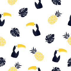 Seamless pattern toucan illustration. Vector background with colorful toucans, pineapples and tropical leaves © Віталій Баріда