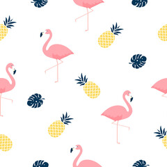 Trendy tropical seamless pattern with pink flamingos, pineapples and monstera leaves on light background. Exotic art design for fabric and wallpaper.