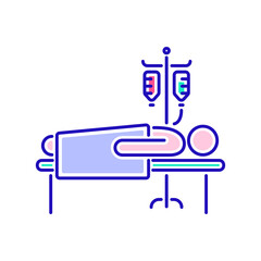 Man in hospital ward with dropper color line icon. Postoperative therapy. Isolated vector element. Outline pictogram for web page, mobile app, promo.