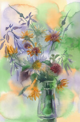 A bouquet of colorful summer meadow flowers watercolor background