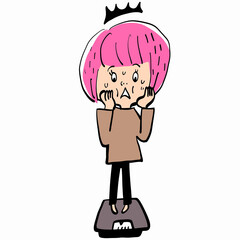 体重計でショックを受けるピンクおかっぱ