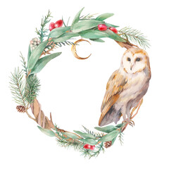 Watercolor Christmas tree wreath with owl. Hand painted boho chic frame isolated on white background. Merry Christmas card