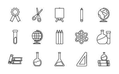 icon set of chemical flasks and back to school, line style