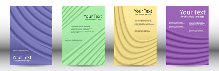 Cover designs set. Background with abstract volumetric gradient of linear waves, fabric folds for creating a trendy banner, poster.