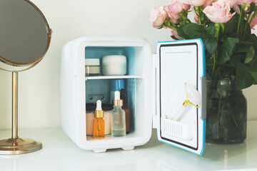 Mini fridge on the vanity table. Selfcare concept. Keep skincare, makeup and beauty product cool...