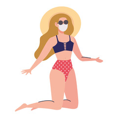 woman with swimsuit wearing medical mask, tourism with coronavirus, prevention covid 19 in summer season