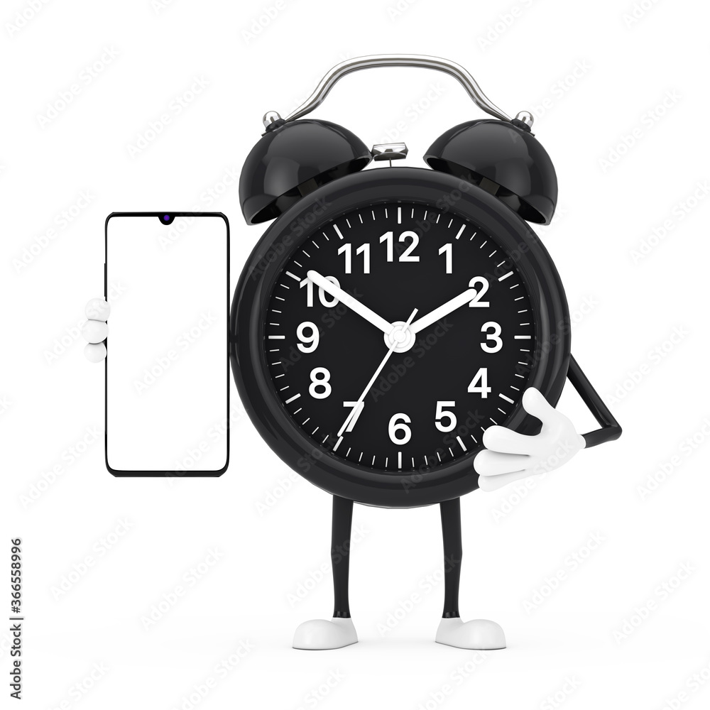 Leinwandbilder alarm clock character mascot with modern mobile phone with blank screen for your design. 3d renderin