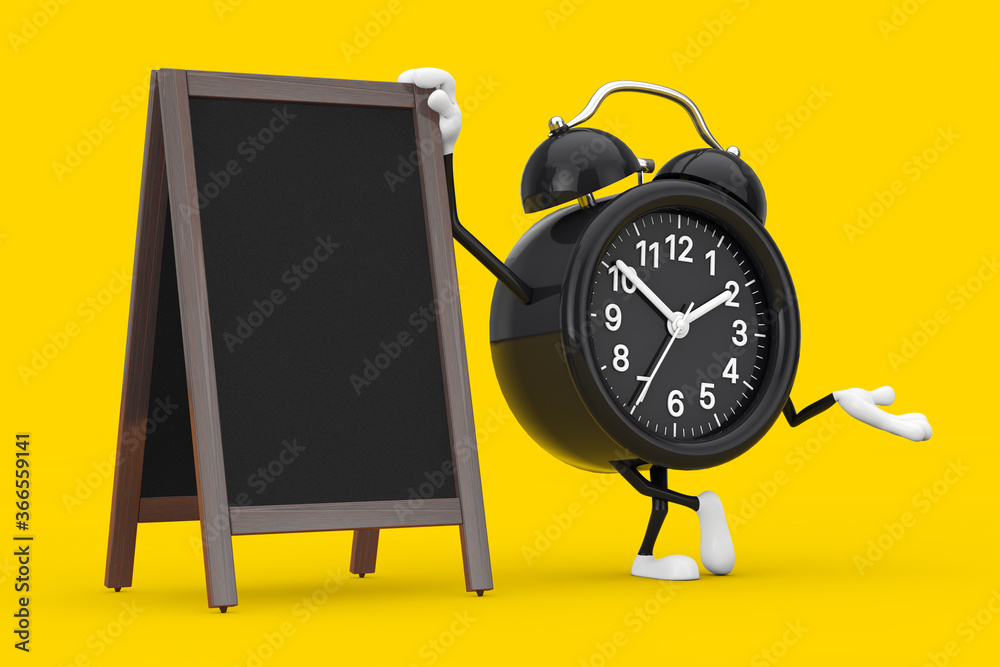 Aufkleber alarm clock character mascot with blank wooden menu blackboards outdoor display. 3d rendering
