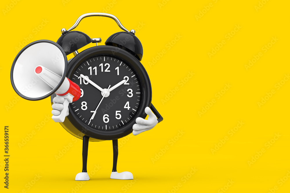 Leinwandbilder alarm clock character mascot with red retro megaphone. 3d rendering