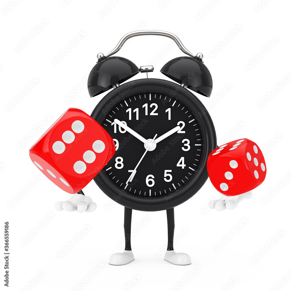 Leinwandbilder Alarm Clock Character Mascot with Red Game Dice Cubes in Flight. 3d Rendering