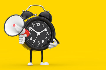 Alarm Clock Character Mascot with Red Retro Megaphone. 3d Rendering