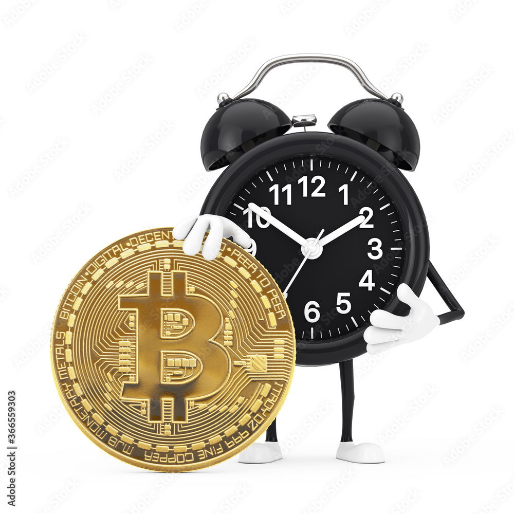 Aufkleber Alarm Clock Character Mascot with Digital and Cryptocurrency Golden Bitcoin Coin. 3d Rendering
