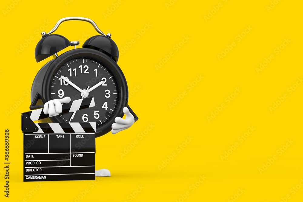 Poster Alarm Clock Character Mascot with Novie Clapper Board. 3d Rendering