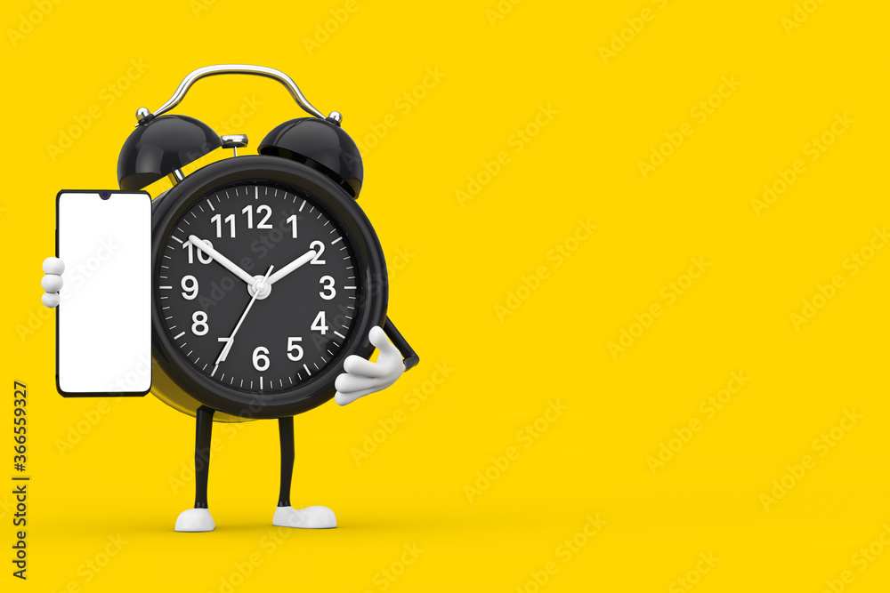 Fototapete Alarm Clock Character Mascot with Modern Mobile Phone with Blank Screen for Your Design. 3d Rendering