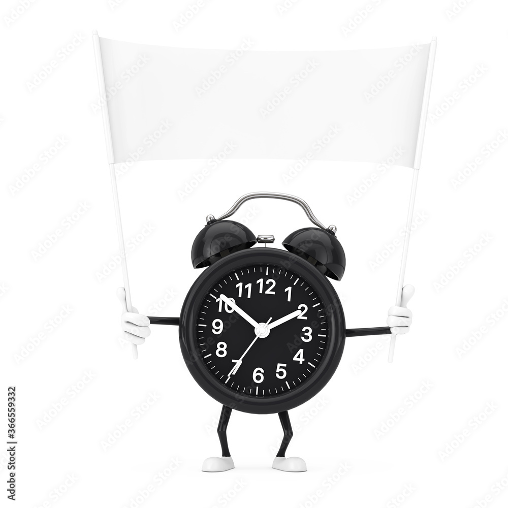Poster Alarm Clock Character Mascot and Empty White Blank Banner with Free Space for Your Design. 3d Rendering