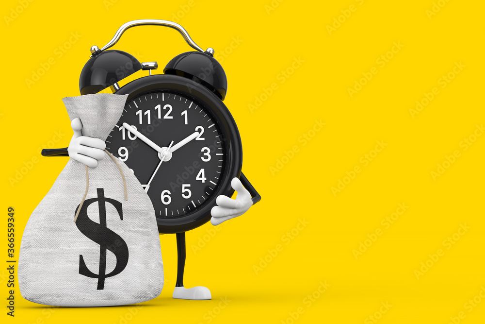 Poster alarm clock character mascot with tied rustic canvas linen money sack or money bag with dollar sign.