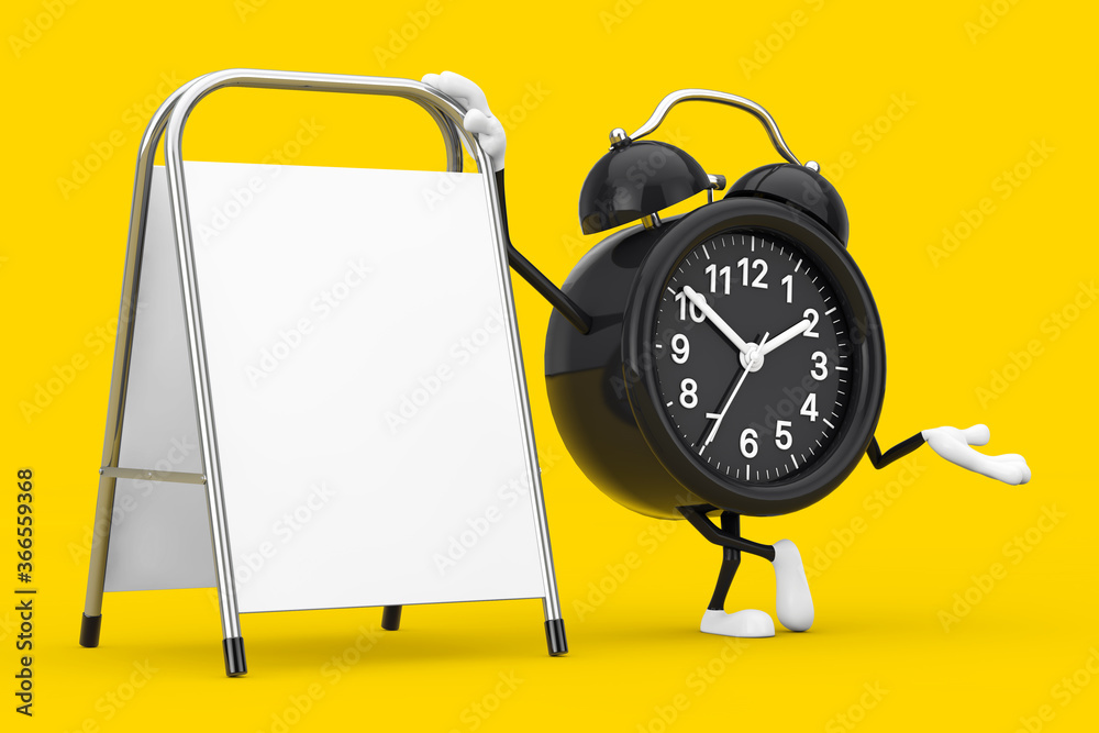 Aufkleber alarm clock character mascot with white blank advertising promotion stand. 3d rendering