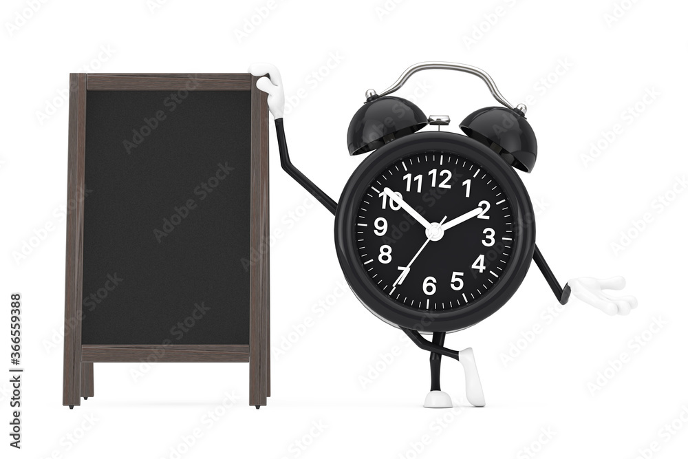 Aufkleber alarm clock character mascot with blank wooden menu blackboards outdoor display. 3d rendering