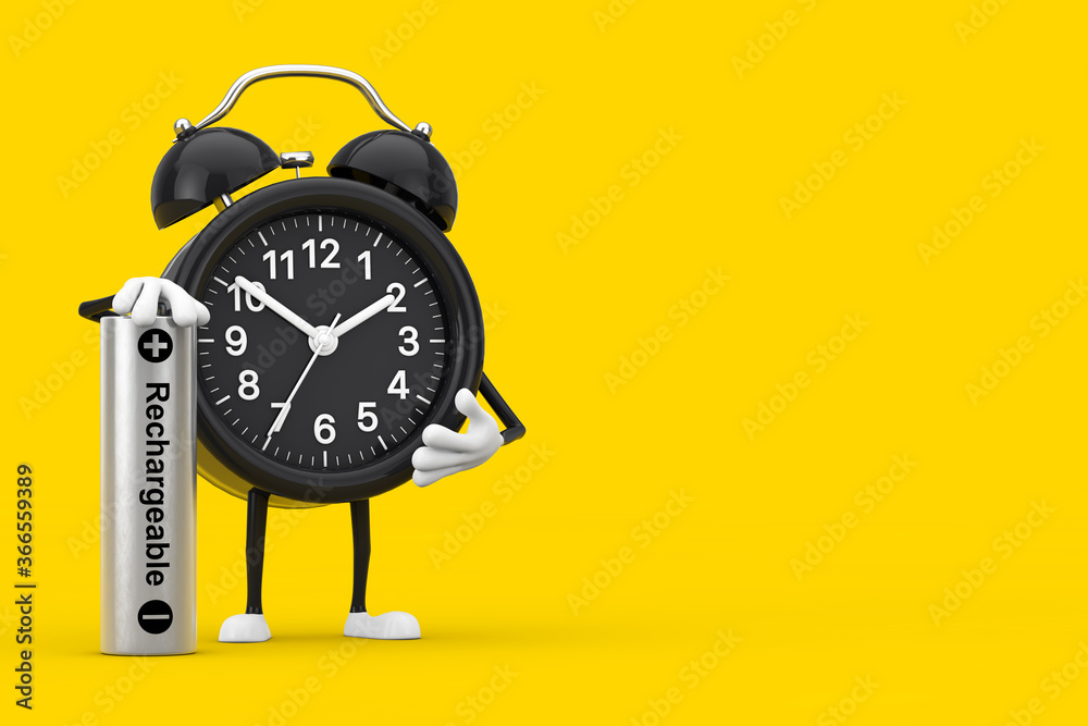 Fototapete alarm clock character mascot with rechargeable battery. 3d rendering