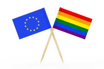 Mini Paper LGBT Rainbow Pointer Flag with Europe Union Flag. 3d Rendering