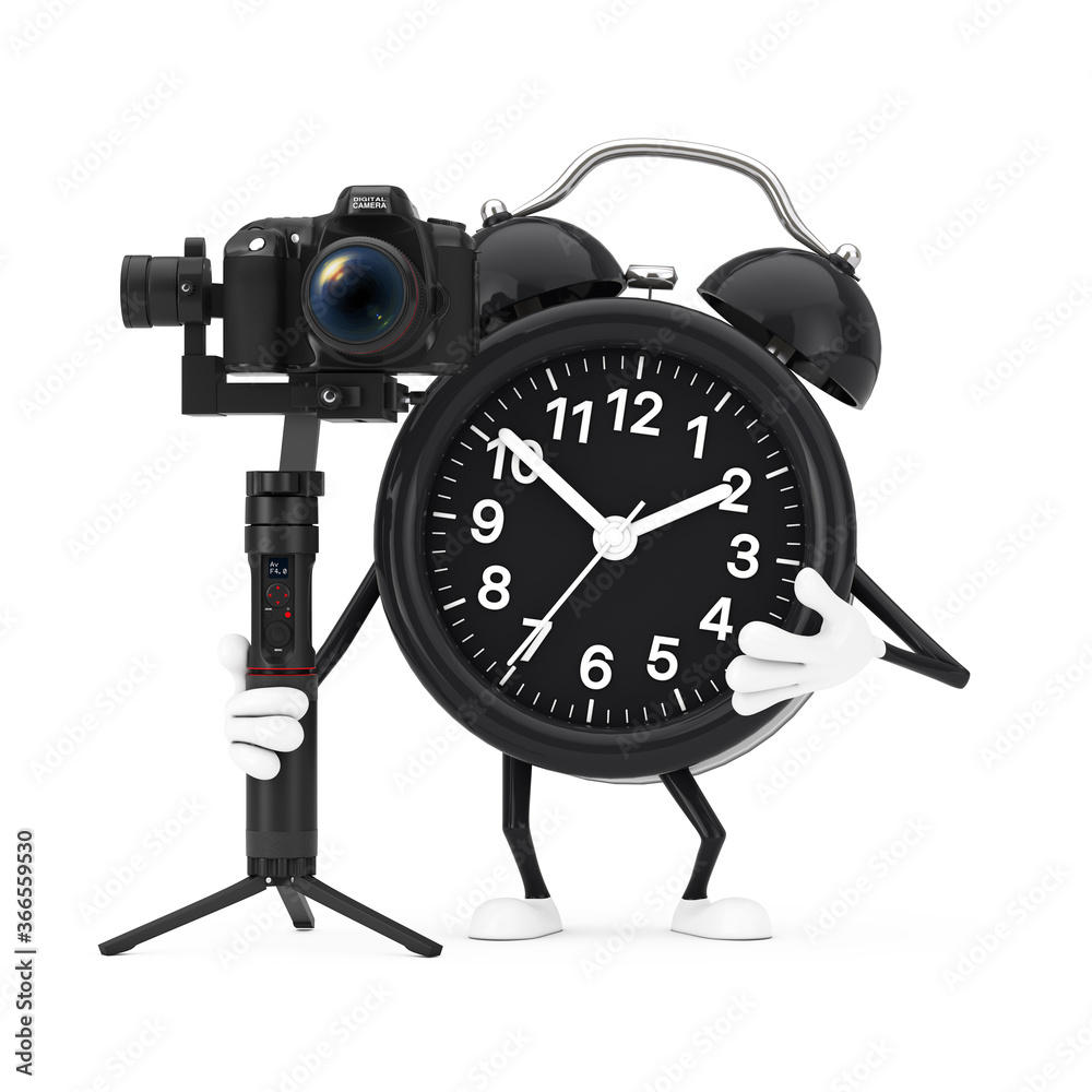 Aufkleber Alarm Clock Character Mascot with DSLR or Video Camera Gimbal Stabilization Tripod System. 3d Rendering
