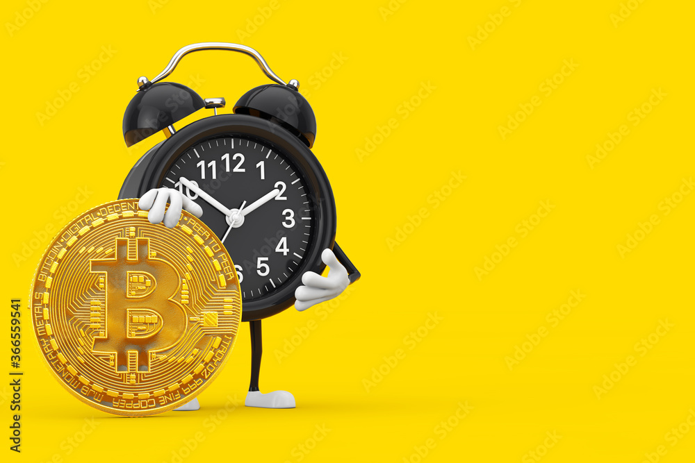 Aufkleber alarm clock character mascot with digital and cryptocurrency golden bitcoin coin. 3d rendering