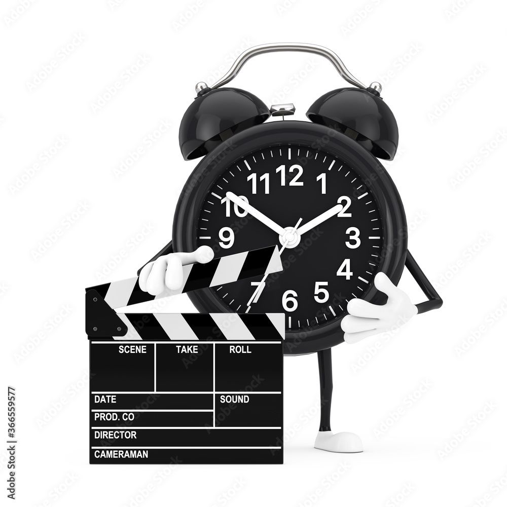 Poster Alarm Clock Character Mascot with Novie Clapper Board. 3d Rendering