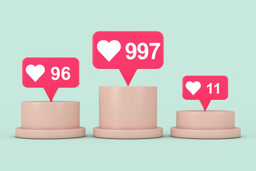 Social Media Network Love and Like Heart Icons on Top of Pedestal, Stage, Podium or Column. 3d Rendering