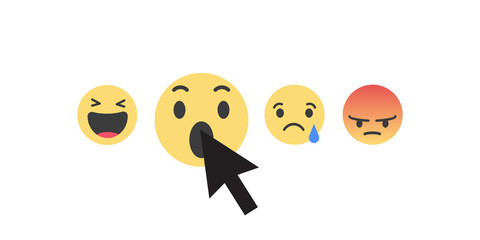 Set for social chat reactions. Trendy thumb up, heart, love, laugh, wonder, sad, and angry head emoticons