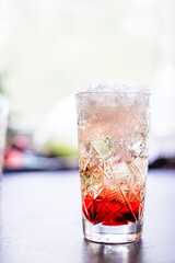 cocktail ice syrup drink, sparkling water alcohol or non-alcoholic beverage food background top view copy space 