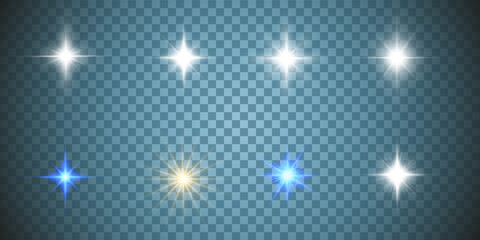 Vector illustration of bright stars exploding on a transparent background. Multi-colored flashes of celestial bodies.