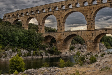 Pont du Gard, France - Jul 15th 2020: ancient Roman aqueduct, UNESCO's World Heritage Site
