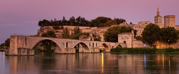 Avignon, Provence/France - Jul 15th 2020: a view of the ancient medieval city of Avignon from the opposite bank of Rhône river