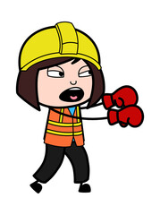 Cartoon Lady Engineer Boxing