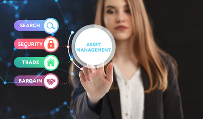 Business, Technology, Internet and network concept. Young businessman working on a virtual screen of the future and sees the inscription: Asset management