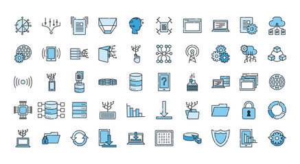 Big data line and fill style icon set vector design