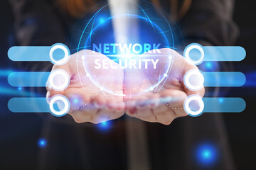 Business, Technology, Internet and network concept. Young businessman working on a virtual screen of the future and sees the inscription: Network security