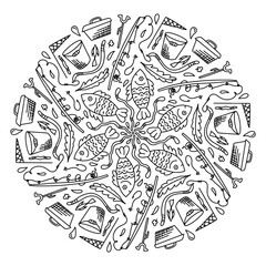 Obraz premium Vector mandala fishing coloring book for adults. Fishing rods, hooks, fish, catch, fishing. Funny mandala for a successful angler, black and white doodle drawing, circular composition. Circular print