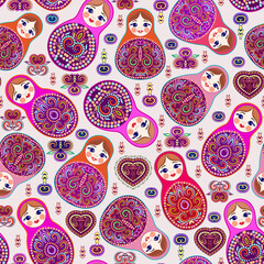 Naklejka premium Seamless colorful pattern with nesting dolls. Traditional russian pattern - art symbol. Classical design and decorating, vector print.