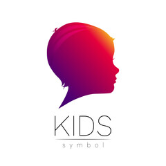 Child violet logotype in vector. Silhouette profile human head. Concept logo for people, children, autism, kids, therapy, clinic, education. Template symbol, modern design isolated on white background