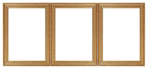 Fototapeta premium Triple golden frame (triptych) for paintings, mirrors or photos isolated on white background