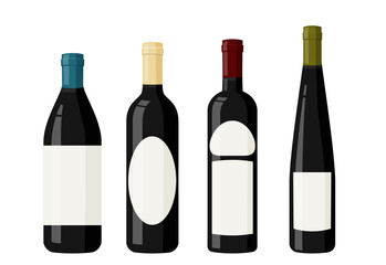 Black glass wine bottles with blank labels. Realistic vector illustration.