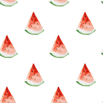 Simple seamless pattern with watercolor images of watermelons on a white background