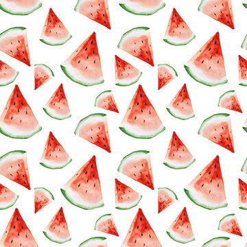 Simple seamless pattern with watercolor images of watermelons on a white background