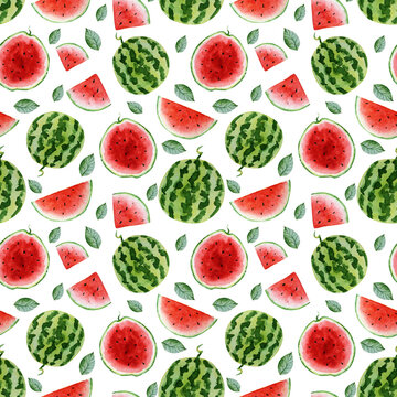 Seamless pattern with watercolor images of watermelons on a white background