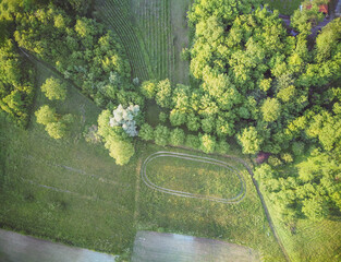 Eagle eye view of rural landscape in beautiful region of Croatian Zagorje, full of cultivated...